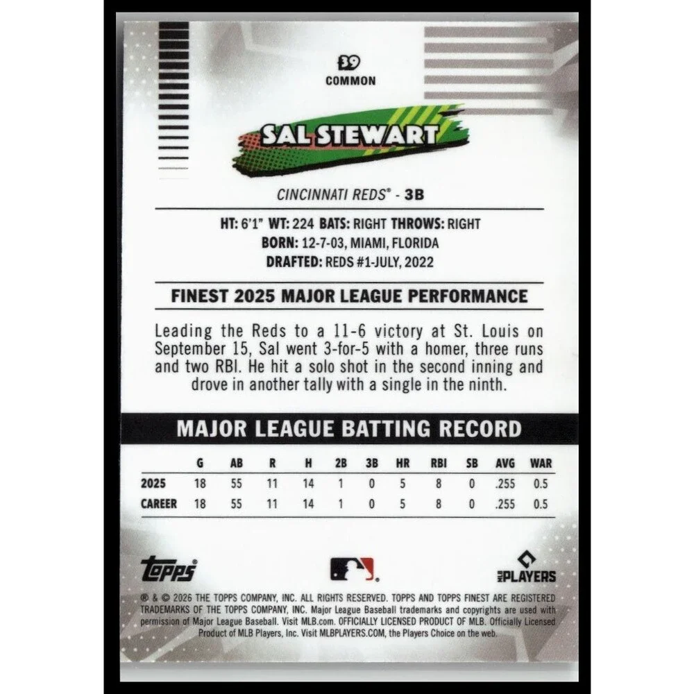 2026 Finest Sal Stewart Common Base Rookie RC Reds